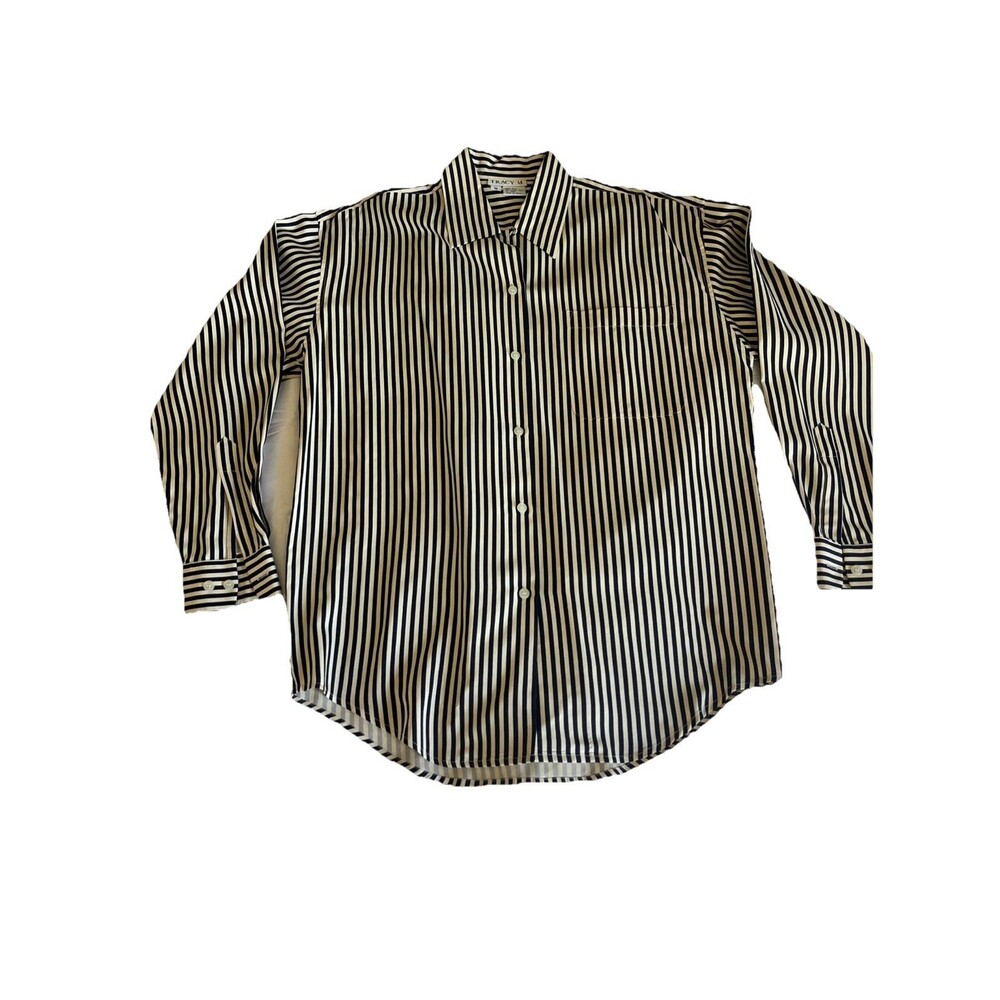 Tracy M. Top Size M Cream Navy Stripe 100% Silk Button Up Blouse Career Capsule